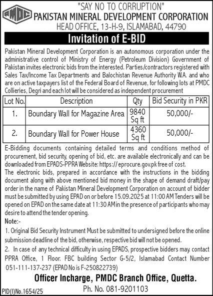 Pakistan Mineral Development Corporatio Islamabad Tender Notice